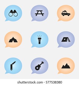 Set Of 9 Editable Trip Icons. Includes Symbols Such As Refuge, Voyage Car, Clasp-Knife And More. Can Be Used For Web, Mobile, UI And Infographic Design.