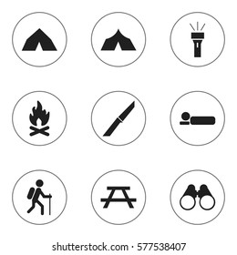 Set Of 9 Editable Trip Icons. Includes Symbols Such As Tepee, Fever, Lantern And More. Can Be Used For Web, Mobile, UI And Infographic Design.