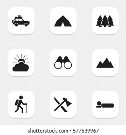 Set Of 9 Editable Trip Icons. Includes Symbols Such As Gait, Bedroll, Peak And More. Can Be Used For Web, Mobile, UI And Infographic Design.