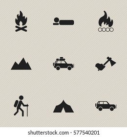 Set Of 9 Editable Trip Icons. Includes Symbols Such As Ax, Blaze, Sport Vehicle And More. Can Be Used For Web, Mobile, UI And Infographic Design.