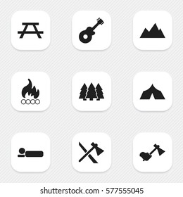 Set Of 9 Editable Trip Icons. Includes Symbols Such As Peak, Desk, Bedroll And More. Can Be Used For Web, Mobile, UI And Infographic Design.
