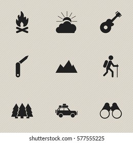 Set Of 9 Editable Trip Icons. Includes Symbols Such As Sunrise, Field Glasses, Voyage Car And More. Can Be Used For Web, Mobile, UI And Infographic Design.