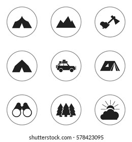 Set Of 9 Editable Trip Icons. Includes Symbols Such As Pine, Voyage Car, Peak And More. Can Be Used For Web, Mobile, UI And Infographic Design.