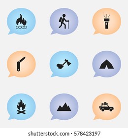 Set Of 9 Editable Trip Icons. Includes Symbols Such As Voyage Car, Tepee, Clasp-Knife And More. Can Be Used For Web, Mobile, UI And Infographic Design.