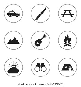 Set Of 9 Editable Trip Icons. Includes Symbols Such As Peak, Field Glasses, Voyage Car And More. Can Be Used For Web, Mobile, UI And Infographic Design.