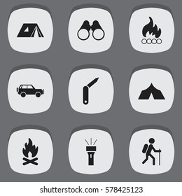 Set Of 9 Editable Trip Icons. Includes Symbols Such As Gait, Lantern, Field Glasses And More. Can Be Used For Web, Mobile, UI And Infographic Design.