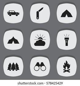 Set Of 9 Editable Trip Icons. Includes Symbols Such As Pine, Refuge, Sunrise And More. Can Be Used For Web, Mobile, UI And Infographic Design.