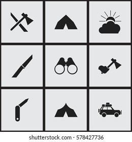 Set Of 9 Editable Trip Icons. Includes Symbols Such As Knife, Field Glasses, Clasp-Knife And More. Can Be Used For Web, Mobile, UI And Infographic Design.