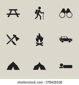 Set Of 9 Editable Trip Icons. Includes Symbols Such As Desk, Tepee, Refuge And More. Can Be Used For Web, Mobile, UI And Infographic Design.