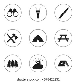 Set Of 9 Editable Trip Icons. Includes Symbols Such As Pine, Desk, Sunrise And More. Can Be Used For Web, Mobile, UI And Infographic Design.