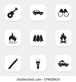 Set Of 9 Editable Trip Icons. Includes Symbols Such As Sport Vehicle, Knife, Pine And More. Can Be Used For Web, Mobile, UI And Infographic Design.