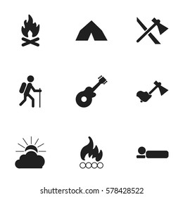 Set Of 9 Editable Trip Icons. Includes Symbols Such As Sunrise, Tomahawk, Ax And More. Can Be Used For Web, Mobile, UI And Infographic Design.