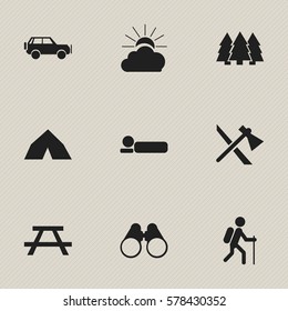 Set Of 9 Editable Trip Icons. Includes Symbols Such As Field Glasses, Tepee, Sunrise And More. Can Be Used For Web, Mobile, UI And Infographic Design.