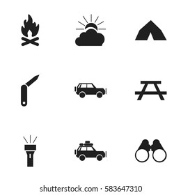 Set Of 9 Editable Trip Icons. Includes Symbols Such As Clasp-Knife, Field Glasses, Sunrise And More. Can Be Used For Web, Mobile, UI And Infographic Design.
