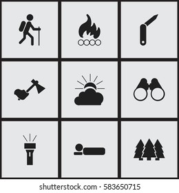 Set Of 9 Editable Trip Icons. Includes Symbols Such As Pine, Blaze, Ax And More. Can Be Used For Web, Mobile, UI And Infographic Design.