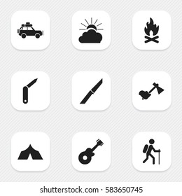 Set Of 9 Editable Trip Icons. Includes Symbols Such As Voyage Car, Musical Instrument, Sunrise And More. Can Be Used For Web, Mobile, UI And Infographic Design.
