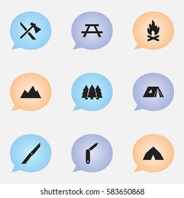 Set Of 9 Editable Trip Icons. Includes Symbols Such As Shelter, Pine, Clasp-Knife And More. Can Be Used For Web, Mobile, UI And Infographic Design.