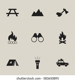 Set Of 9 Editable Trip Icons. Includes Symbols Such As Shelter, Peak, Ax And More. Can Be Used For Web, Mobile, UI And Infographic Design.