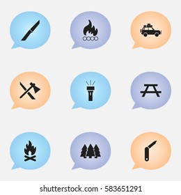 Set Of 9 Editable Trip Icons. Includes Symbols Such As Lantern, Blaze, Pine And More. Can Be Used For Web, Mobile, UI And Infographic Design.