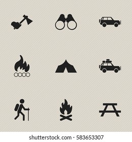 Set Of 9 Editable Trip Icons. Includes Symbols Such As Voyage Car, Gait, Field Glasses And More. Can Be Used For Web, Mobile, UI And Infographic Design.