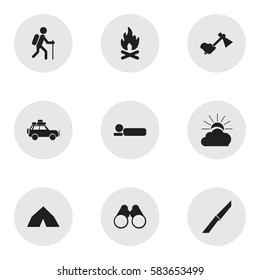 Set Of 9 Editable Trip Icons. Includes Symbols Such As Bedroll, Ax, Sunrise And More. Can Be Used For Web, Mobile, UI And Infographic Design.
