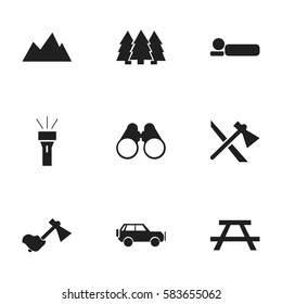 Set Of 9 Editable Trip Icons. Includes Symbols Such As Bedroll, Desk, Sport Vehicle And More. Can Be Used For Web, Mobile, UI And Infographic Design.