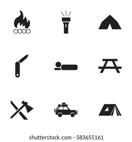 Set Of 9 Editable Trip Icons. Includes Symbols Such As Blaze, Desk, Clasp-Knife And More. Can Be Used For Web, Mobile, UI And Infographic Design.