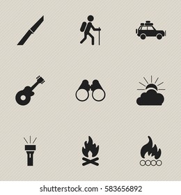 Set Of 9 Editable Trip Icons. Includes Symbols Such As Field Glasses, Voyage Car, Fever And More. Can Be Used For Web, Mobile, UI And Infographic Design.