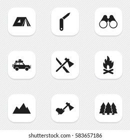 Set Of 9 Editable Trip Icons. Includes Symbols Such As Clasp-Knife, Fever, Ax And More. Can Be Used For Web, Mobile, UI And Infographic Design.