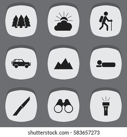 Set Of 9 Editable Trip Icons. Includes Symbols Such As Gait, Bedroll, Lantern And More. Can Be Used For Web, Mobile, UI And Infographic Design.