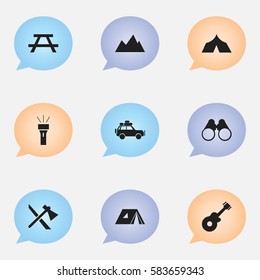 Set Of 9 Editable Trip Icons. Includes Symbols Such As Field Glasses, Musical Instrument, Shelter And More. Can Be Used For Web, Mobile, UI And Infographic Design.