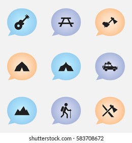Set Of 9 Editable Trip Icons. Includes Symbols Such As Gait, Peak, Tepee And More. Can Be Used For Web, Mobile, UI And Infographic Design.