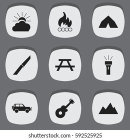 Set Of 9 Editable Trip Icons. Includes Symbols Such As Sunrise, Knife, Sport Vehicle And More. Can Be Used For Web, Mobile, UI And Infographic Design.