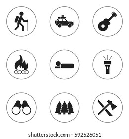 Set Of 9 Editable Trip Icons. Includes Symbols Such As Lantern, Tomahawk, Musical Instrument And More. Can Be Used For Web, Mobile, UI And Infographic Design.