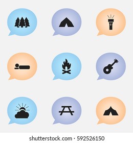 Set Of 9 Editable Trip Icons. Includes Symbols Such As Tepee, Desk, Sunrise And More. Can Be Used For Web, Mobile, UI And Infographic Design.