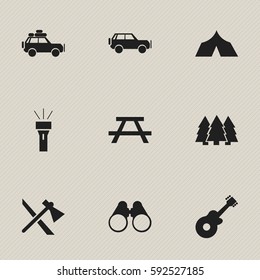 Set Of 9 Editable Trip Icons. Includes Symbols Such As Musical Instrument, Voyage Car, Sport Vehicle And More. Can Be Used For Web, Mobile, UI And Infographic Design.