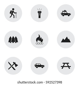 Set Of 9 Editable Trip Icons. Includes Symbols Such As Lantern, Blaze, Tomahawk And More. Can Be Used For Web, Mobile, UI And Infographic Design.