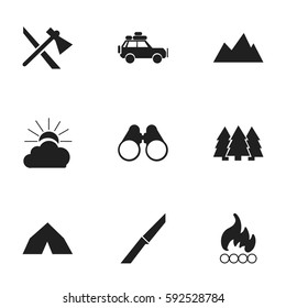 Set Of 9 Editable Trip Icons. Includes Symbols Such As Sunrise, Pine, Tepee And More. Can Be Used For Web, Mobile, UI And Infographic Design.