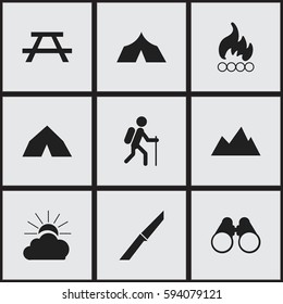 Set Of 9 Editable Trip Icons. Includes Symbols Such As Desk, Sunrise, Field Glasses And More. Can Be Used For Web, Mobile, UI And Infographic Design.