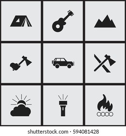 Set Of 9 Editable Trip Icons. Includes Symbols Such As Sunrise, Blaze, Tomahawk And More. Can Be Used For Web, Mobile, UI And Infographic Design.