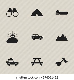Set Of 9 Editable Trip Icons. Includes Symbols Such As Field Glasses, Sunrise, Voyage Car And More. Can Be Used For Web, Mobile, UI And Infographic Design.