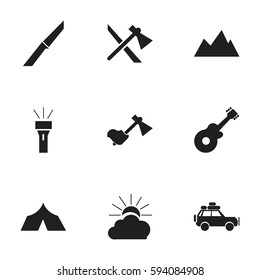 Set Of 9 Editable Trip Icons. Includes Symbols Such As Sunrise, Refuge, Tomahawk And More. Can Be Used For Web, Mobile, UI And Infographic Design.