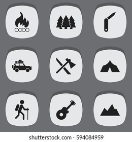 Set Of 9 Editable Trip Icons. Includes Symbols Such As Peak, Tomahawk, Pine And More. Can Be Used For Web, Mobile, UI And Infographic Design.