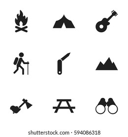 Set Of 9 Editable Trip Icons. Includes Symbols Such As Desk, Clasp-Knife, Musical Instrument And More. Can Be Used For Web, Mobile, UI And Infographic Design.