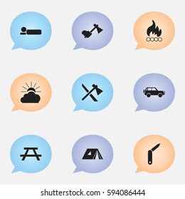 Set Of 9 Editable Trip Icons. Includes Symbols Such As Clasp-Knife, Desk, Tomahawk And More. Can Be Used For Web, Mobile, UI And Infographic Design.