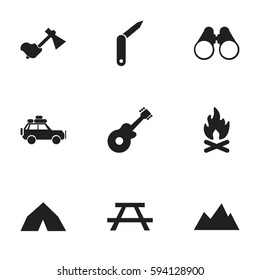 Set Of 9 Editable Trip Icons. Includes Symbols Such As Tepee, Field Glasses, Musical Instrument And More. Can Be Used For Web, Mobile, UI And Infographic Design.
