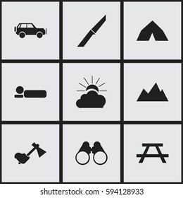 Set Of 9 Editable Trip Icons. Includes Symbols Such As Desk, Knife, Bedroll And More. Can Be Used For Web, Mobile, UI And Infographic Design.