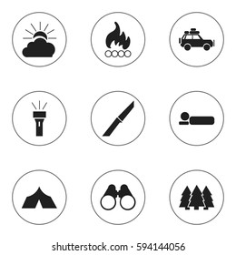 Set Of 9 Editable Trip Icons. Includes Symbols Such As Voyage Car, Bedroll, Field Glasses And More. Can Be Used For Web, Mobile, UI And Infographic Design.