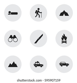 Set Of 9 Editable Trip Icons. Includes Symbols Such As Gait, Field Glasses, Refuge And More. Can Be Used For Web, Mobile, UI And Infographic Design.