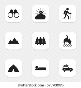 Set Of 9 Editable Trip Icons. Includes Symbols Such As Bedroll, Blaze, Voyage Car And More. Can Be Used For Web, Mobile, UI And Infographic Design.